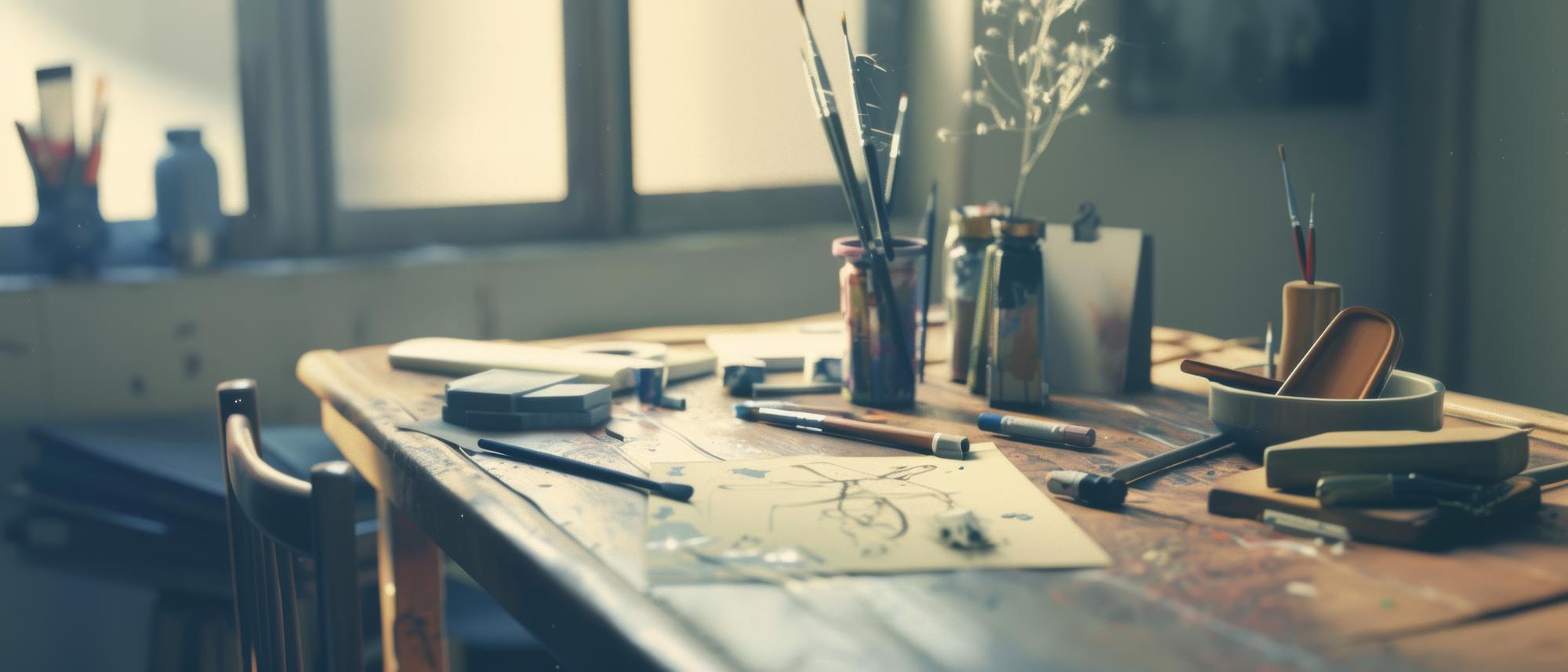 Desk with sketches and embroidery threads